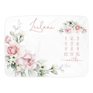 Pastel Pink Rose Milestone Blanket/Monogram Custom Photo Baby Blanket/Growth Chart/Month Growth Tracker/Pink Floral Leaf Girly Flower Custom