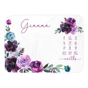 Purple Floral Rose Milestone Blanket/Monogram Custom Photo Baby Blanket/Growth Chart/Month Growth Tracker/Floral Leaf Girly Flower Custom