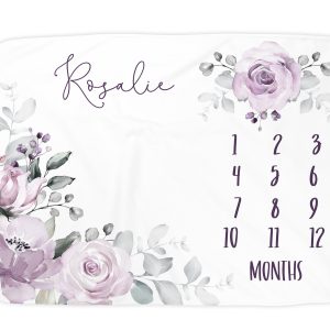 Personalized Baby Girl Milestone Blanket, Purple Floral Rose Flowers, Custom Monthly Photo Growth Tracker Chart, Photo Prop, Rosie Purple