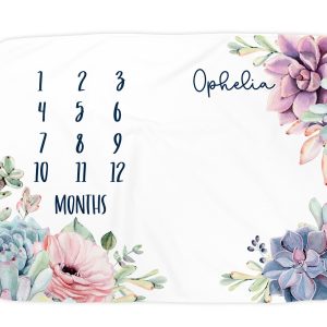 Personalized Baby Girl Milestone Blanket, Colorful Succulent Flowers, Custom Monthly Photo Growth Tracker Chart, Photo Prop