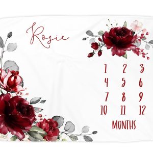 Personalized Baby Girl Milestone Blanket, Red Floral Rose Flowers, Custom Monthly Photo Growth Tracker Chart, Photo Prop, Red Rosie