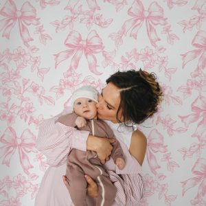 Pink Bow Chinoiserie Wallpaper, Floral Toile Nursery Wall Mural